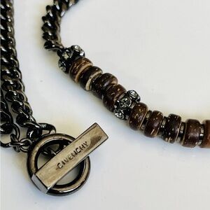 Givenchy Signed Gun Metal Necklace With Crystals & Wood Beads